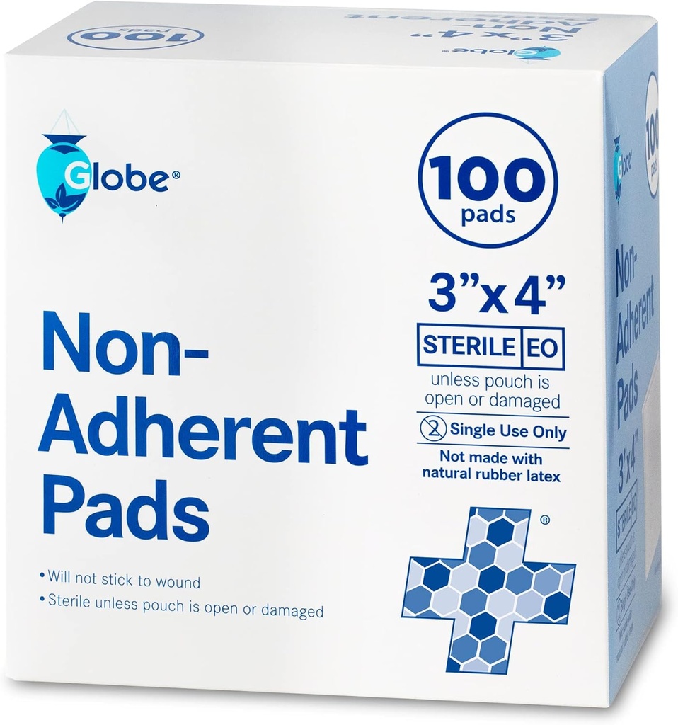 Globe Advanced Sterile Non-Adherent Pads| 100-Pack, 3” x 4”| Non-Adhesive Wound Dressing| Highly Absorbent & Non-Stick, Painless Removal-Switch| Individually Wrapped for Extra Protection (3 x 4)