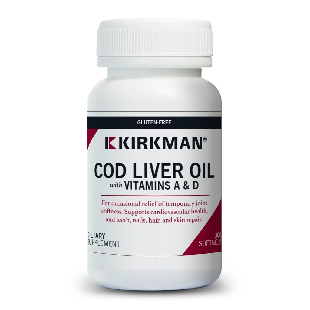 Kirkman - Cod Liver Oil s vitamínom A a D - 300 Softgels - Essential Mastné kyseliny - Podpora Foundal Health - Hypoalergenic