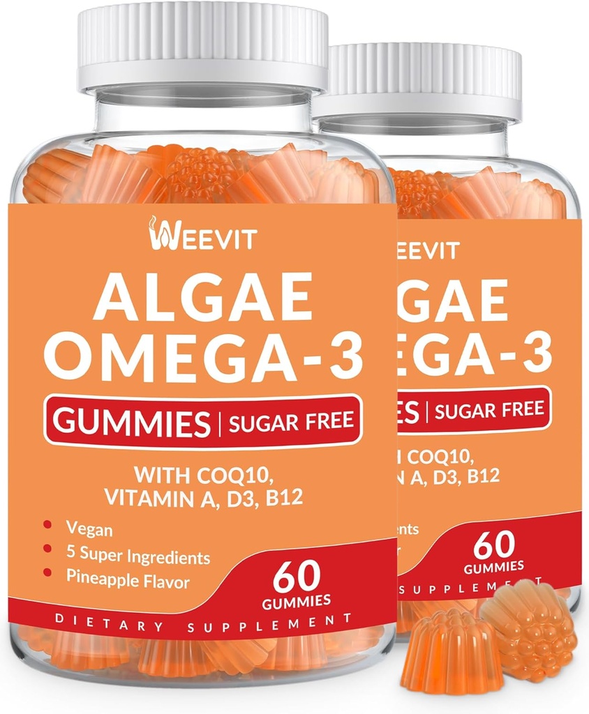 Vegan Omega 3 Gummies, Algae Omega-3 Supplement DHA 240mg, EPA 110mg w/vitamín B12, CoQ10, Fish Oil Alternatíva pre dospelých - Mozog, kosti, oko a imunita podpora