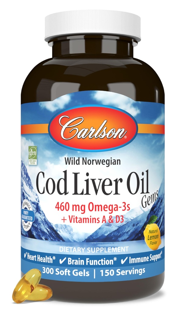 Carlson - Cod Liver Oil, 460 mg Omega-3s + Vitamíny A a D3, Wild-Caught Norwegian Arctic Cod-Liver Oil, Udržateľne Zdroj Nordic Fish Oil Capsules, Lemon, 300 Softgels