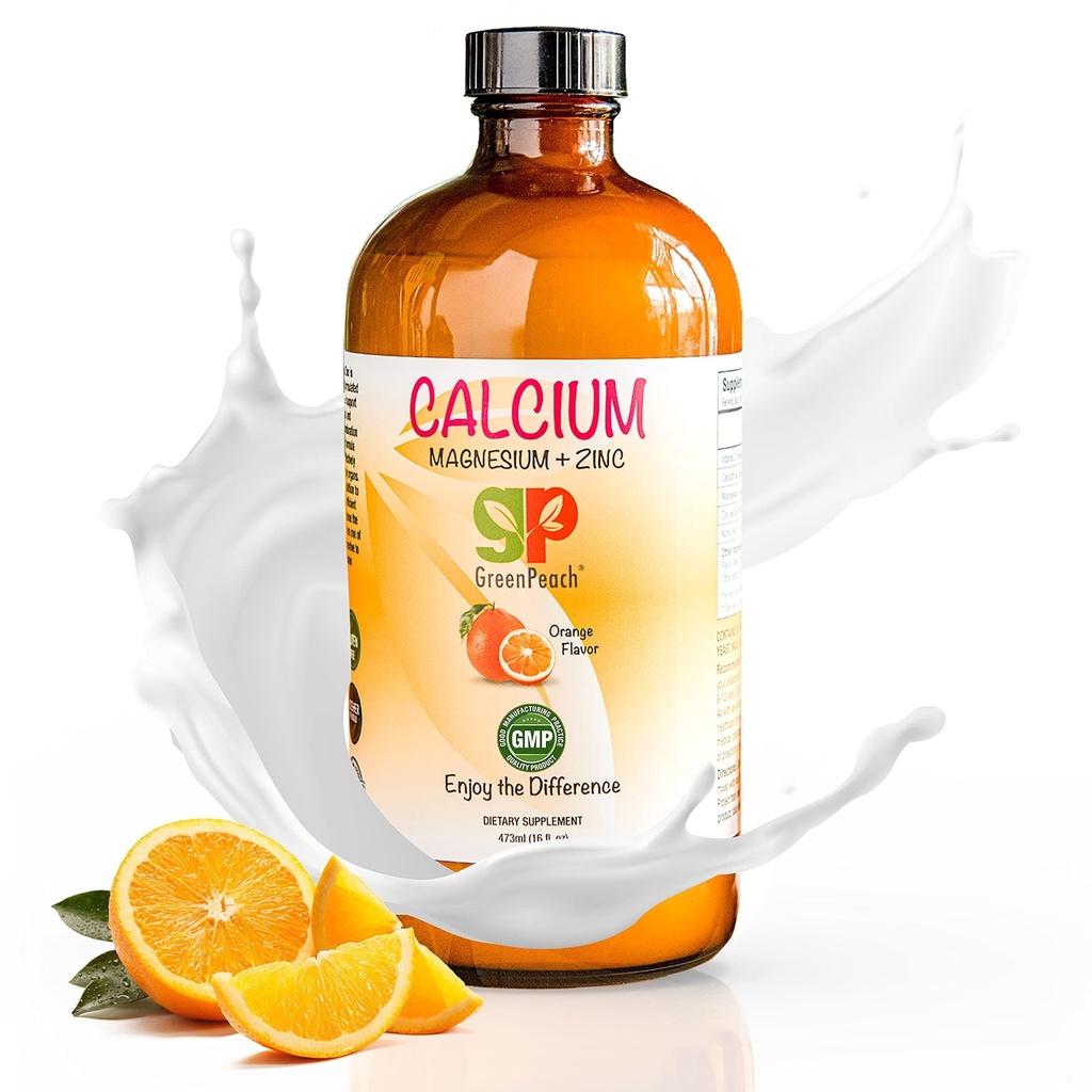 GreenPeach Organic Liquid Vápnik pre deti - horčík, zinok, dusičnan vápenatý a vitamín D3 upokojujúci sirup a tekutý vápnik doplnok, NO cukor NO umelé príchute, Vegetariánsky Halal Kosher