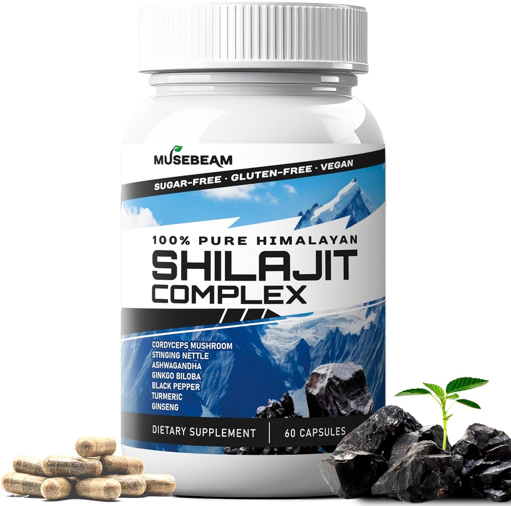 Himalayan Shilajit Kapsule Muži - Premium Himalayan Fulvic Acid Supplement Pills - Ashwagandha Turmerica Ginkgo Biloba Ginseng Cordyceps Mushrom Stinging Nettle Black Pepper