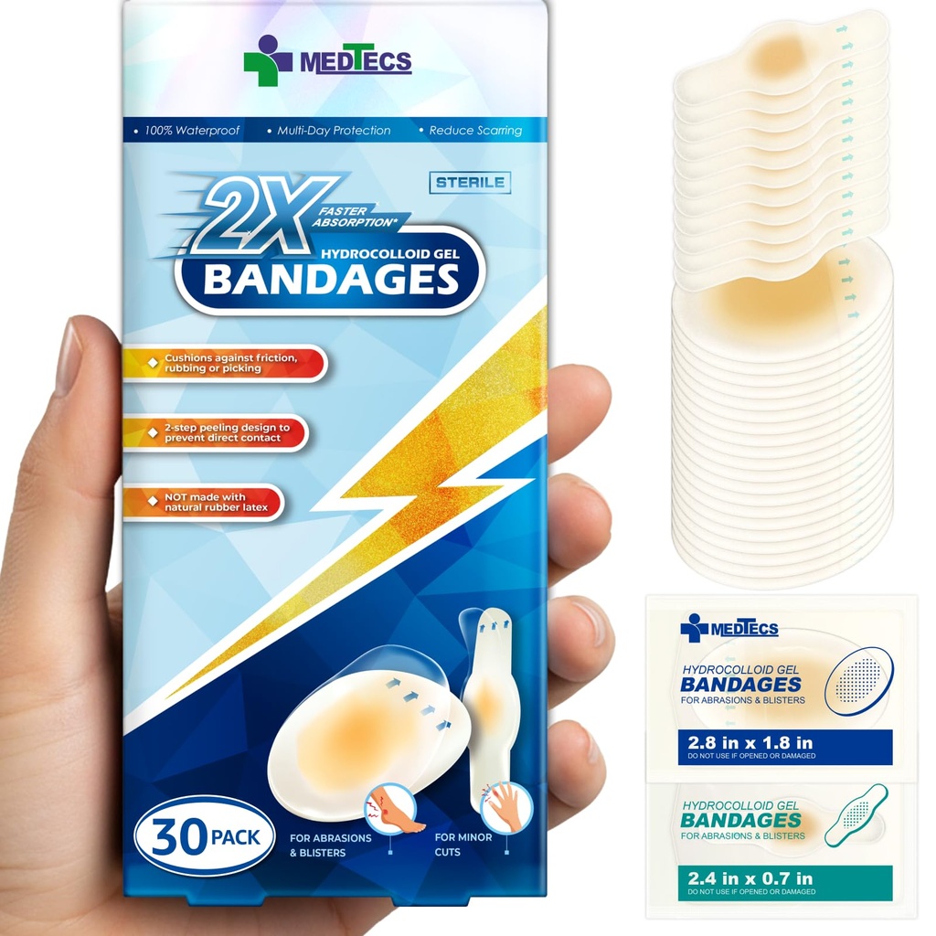 Medtecs Hydrocolloid Gel Bandage, Ellipse 20ct + Strip 10ct, Long-Lasing,Waterproof adhesion for First Aid, Advanced Cushing for Blister Prevention & Wound Care,2X Rýchle uzdravenie pre podpätky, prsty a prsty