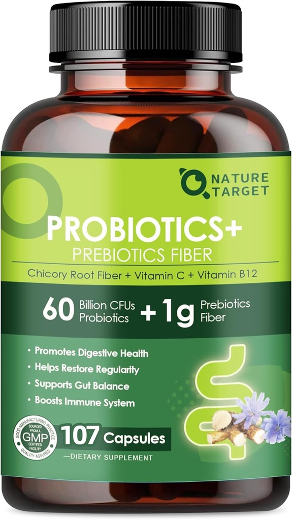 Probiotiká pre ženy Tráviace zdravie s prebiotickými vláknami - Fiber Supplement with 60 Million Probiotic for Regularity & Gut Cleanse - Podpora Príležitostná zápcha - 107 Veggie Kapsule