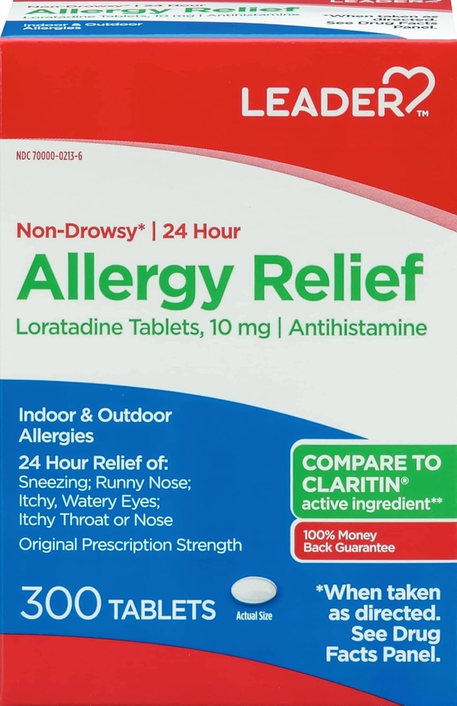 Leader 24 Hodinová úľava od alergie, non-Drowsy, Loratadine 10 mg, Antihistaminika, Pôvodná sila na predpis, Sinus Relief, Indoor and Outdoor, Countakt Alergy, 300 tabliet