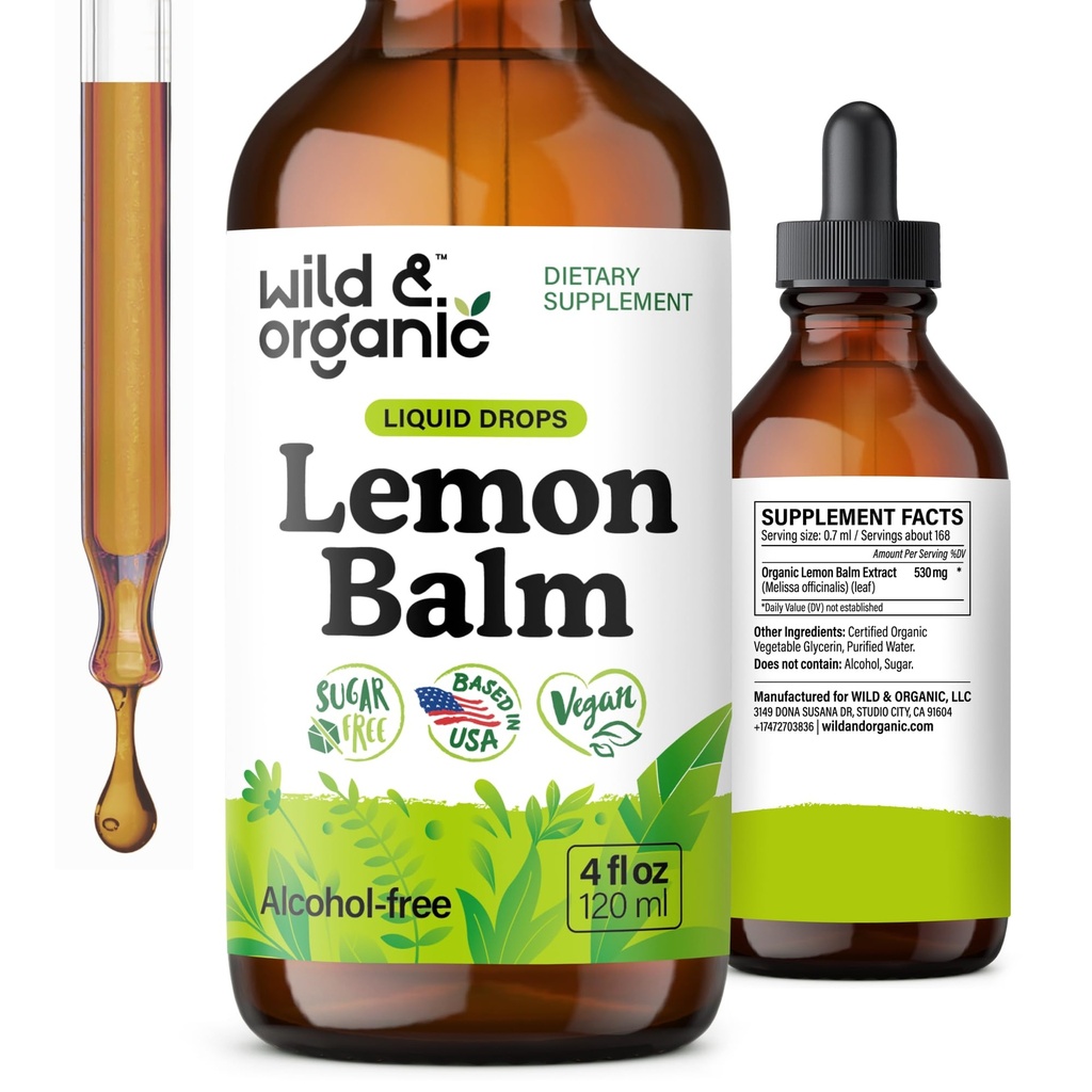 Wild & Organic Lemon Balm Tinture - Mood Suplement Suplement - Melissa Lemon Balm Leaf Extract Drops - Vegan, Cukor & Bez alkoholu Pokojné Supplement - 4 fl oz