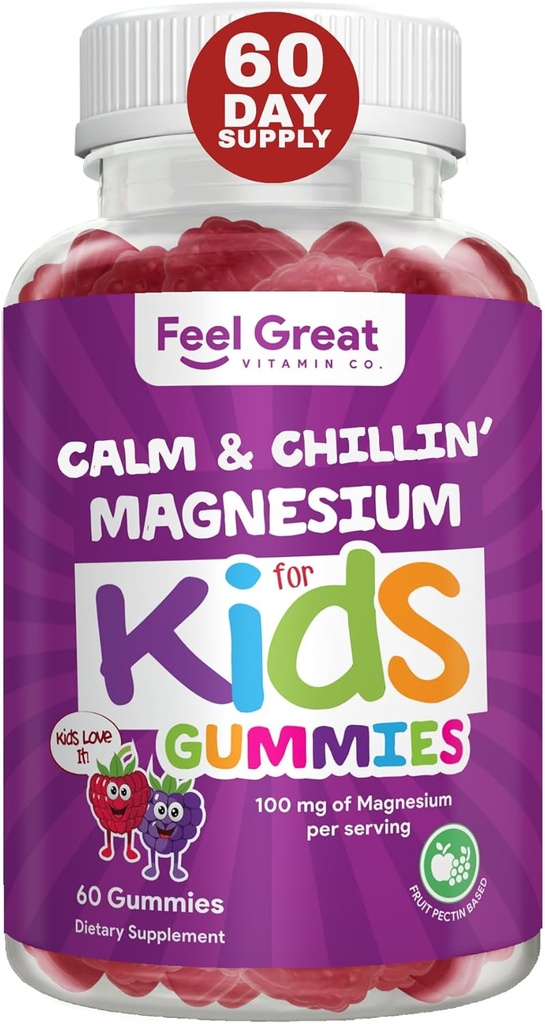 Feel Great Kids Calm Magnesium Gummies - Magnesium Supplement for Children - Magnesium Citrate Gummies - 60 Count