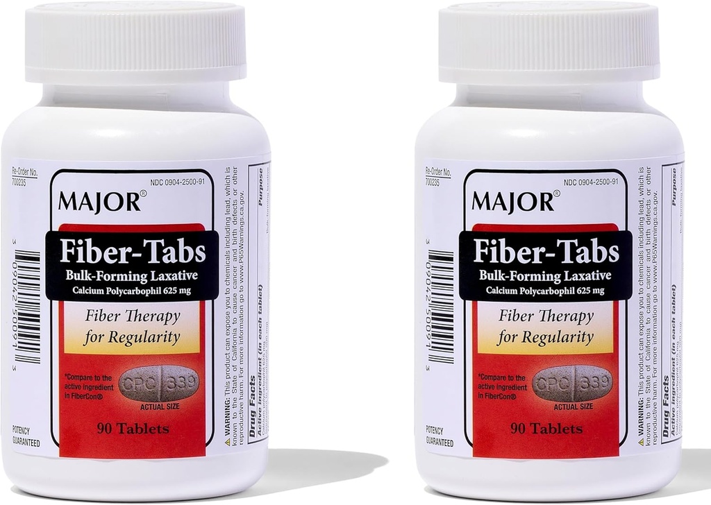 MAJOR Fiber-Tabs 625 Mg Tablety - Fiber Therapy for Regularity - Príležitostná úľava od zápcha pre dospelých - 90 Počet (2 balenia)