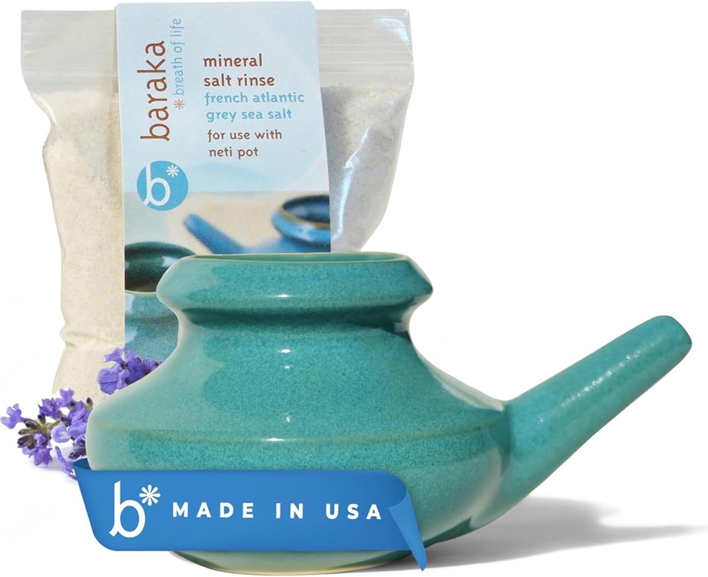 Baraka Neti Pot Tool Kit - Chrápanie & Saline Solution, Ručne keramika Umývačka riadu Trezor s 2 oz Minerálne more soľ pre čistenie nosa a Sinus opláchnuť ideálne pre alergiu úľavu u dospelých a detí (Jade)