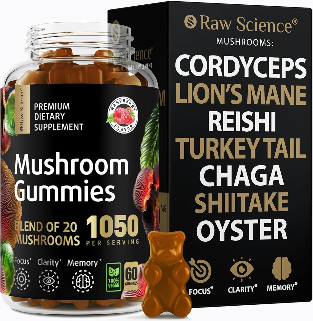 Huby komplex Gummy s Lions Mane, Nootropic Brain Doplnky pre pamäť a zameranie: Leví hrivo, Cordyceps, Shiitake, Turecko chvost, Reishi, Chaga, Enoki, Oyster Mushroom Supplement - 60 jednotiek