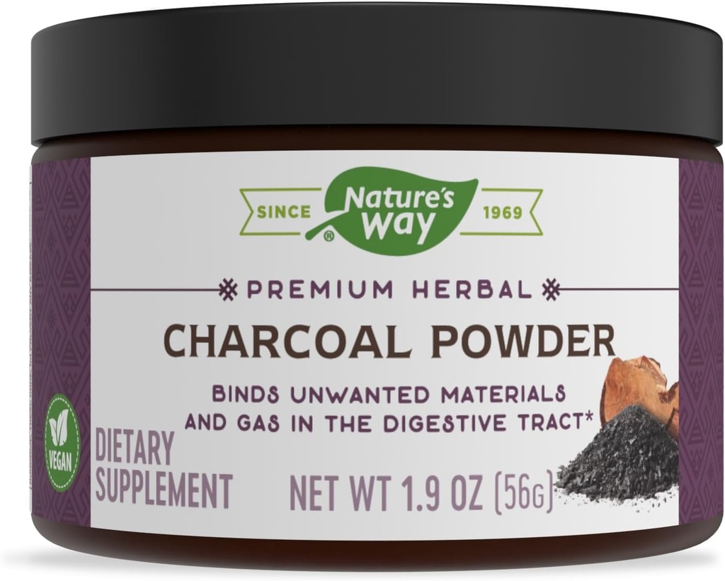 Nature's Way Premium Herbal Charcoal Powder 800 mg Per porcia; Prášok; BPA Free Packaging (Backaging May Vary)