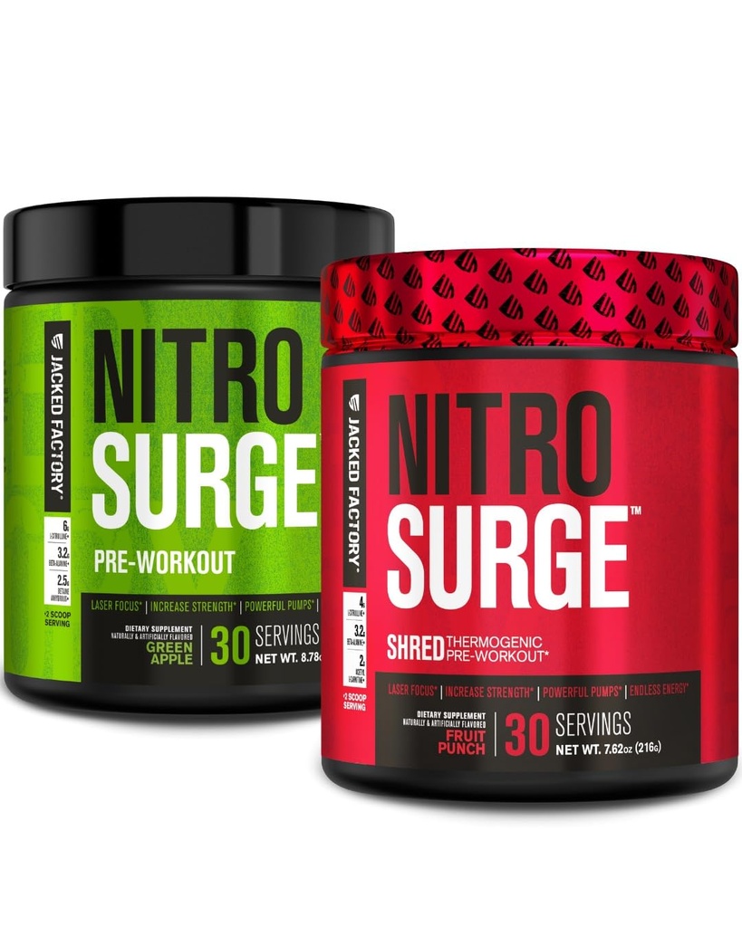 Jacked Factory Nitrosurge pre-práce v zelenej jablko a ovocie Punch Nitrosurge Shred Thermogenic pre-práce pre mužov a ženy