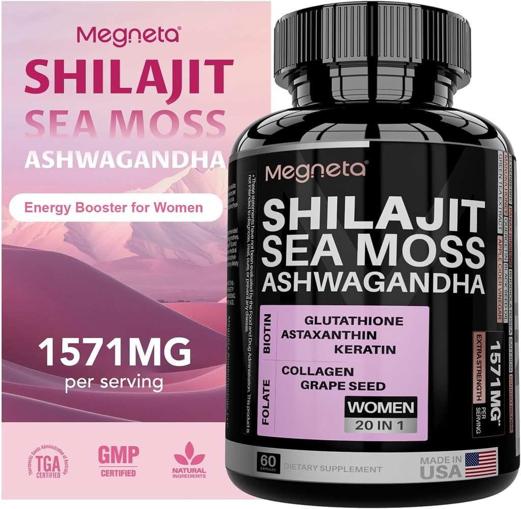 All-in-One Sea Moss, Shilajit, Ashwagandha & Glutathione Supplement for Women, Boosts Energy, 60 Kapsule