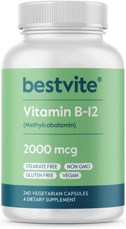 BESTVITE vitamín B12 (metylkobalamín) 2000mcg (240 Vegetariánske kapsuly) (metyl B12) - žiadne stearáty - Vegan - Non GMO - bez lepidla