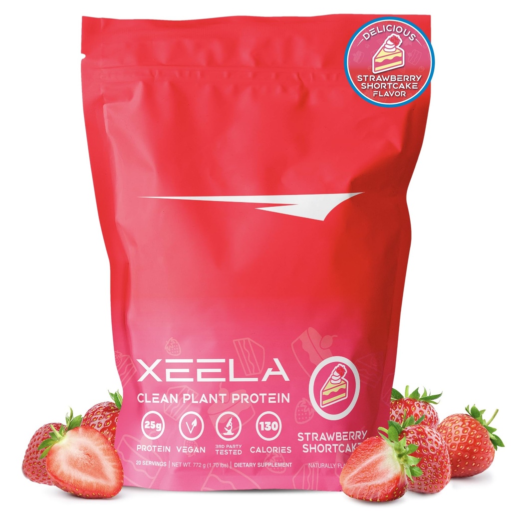 XEELA Plant Based Vegán Protein Powder - Nezávisle testované - 25g High Protein, Pea Protein for Men & Women - Vitamíny a minerály, Non GMO, Dairy & Gluten Free, LowCarb & LowFat (Jahodový koláč)