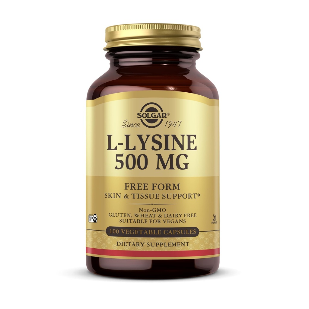 Solgar L-Lysine 500 mg - 100 Rastlinné kapsuly - Podpora pokožky a tkaniva - Non-GMO, Vegan, Kosher, Gluten Free - 100 Servisov