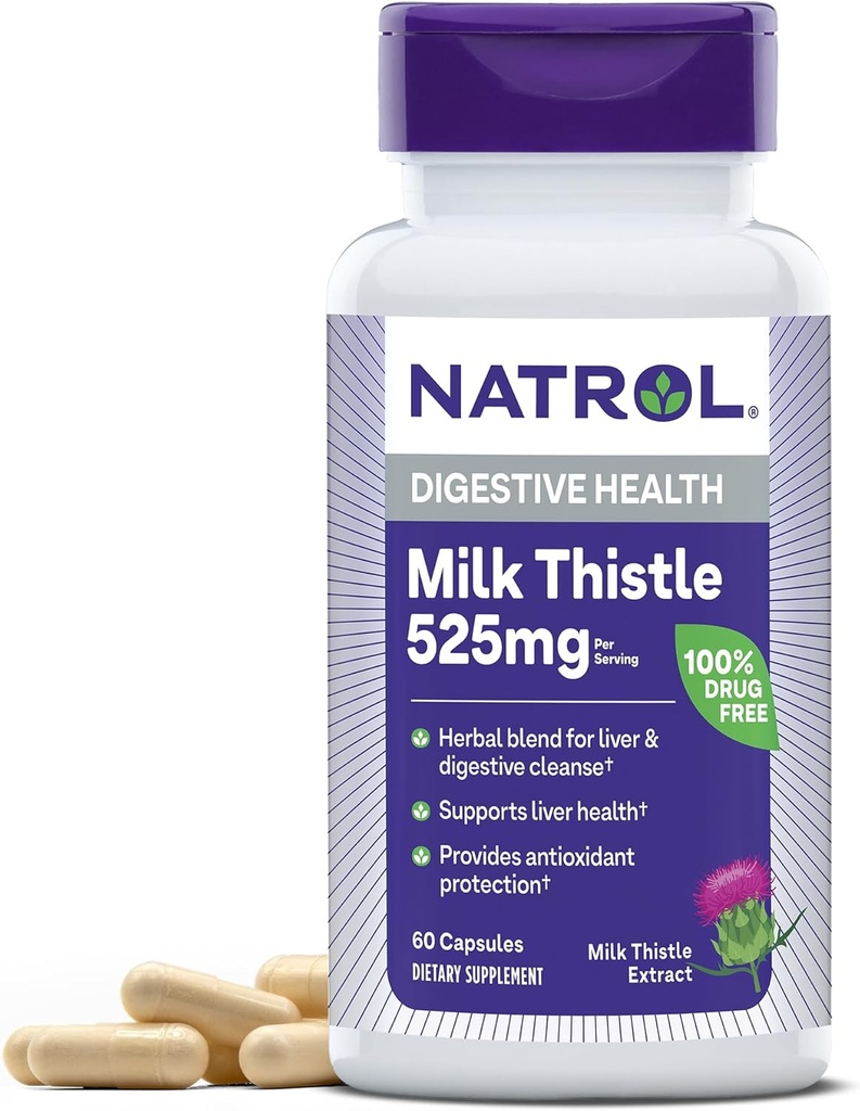 Natrol Milk Thistle 525 mg per Serving, Dietary Supplement for Digestive Health, Milk Thistle Supplement, 60 Kapsule, 30 Day Supply
