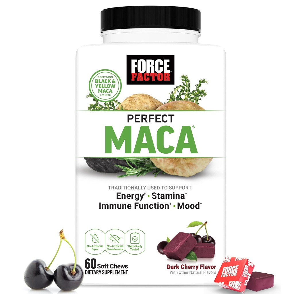 FORCE FACTOR Perfect Maca, Maca Root a DIM doplnok s Saffron zvýšiť energiu a náladu, so žltým a čiernym Maca, Vitamíny, Minerály, a antioxidanty, Tmavá Cherry aróma, 60 mäkké žuvačky