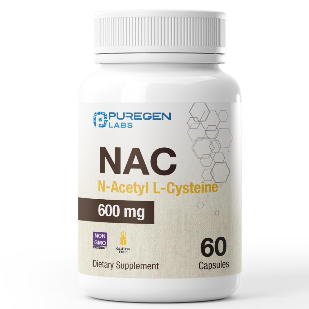 Puregen Labs N- Acetyl- L- Cysteine (NAC) 600 mg, Antioxidant Suplement, NAC 600 mg, Easy to Absorb - 60 Vegetariánske kapsuly