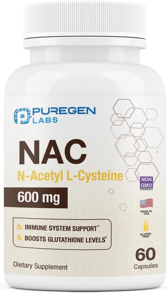 Puregen Labs N- Acetyl- L- Cysteine (NAC) 600 mg, Supports Immune, Respiratory, Liver Health, NAC 600 mg, Potent antioxidant Support, Free- Radicals, Easy to Absorb - 60 Vegetariánske kapsuly