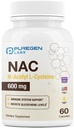 Puregen Labs N- Acetyl- L- Cysteine (NAC) 600 mg, Supports Immune, Respiratory, Liver Health, NAC 600 mg, Potent antioxidant Support, Free- Radicals, Easy to Absorb - 60 Vegetariánske kapsuly