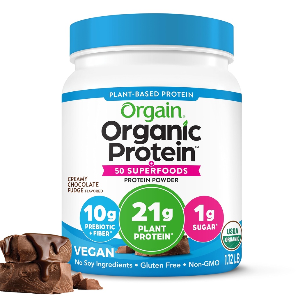 Orgain Organic Vegan Protein + 50 Superfoods Powder, Krémová čokoláda Fudge - 21g Plant Based Protein, 10g Prebiotic Fiber, Žiadne zložky laktózy, Gluten Free, žiadny pridaný cukor, non-GMO, 1,12 lb