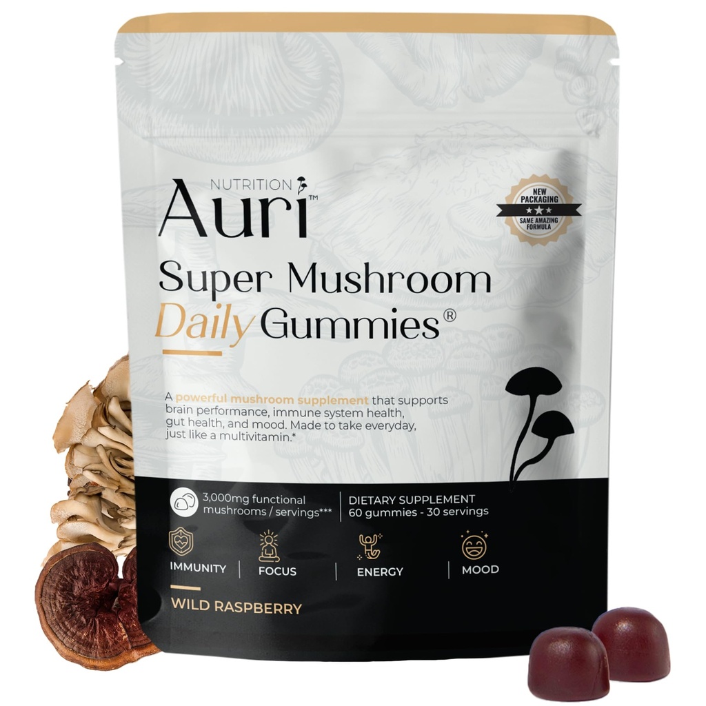 Auri Super Mushroom Daily Gummies - All-in-One Daily Mushroom Supplement Gummy - 12 Hubová zmes s Chaga, Lions Mane, Reishi, Cordyceps - 60 Gummies