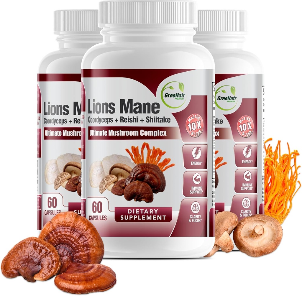 GreeNatr Complete Mushroom Supplement -10 in 1 Complex with Lions Mane, Cordyceps, Shiitake, Chaga, Turecko Chvost pre imunitnú podporu, pamäť, Focus & Natural Energy Booster - 180 Kapsule (3 fľaše)