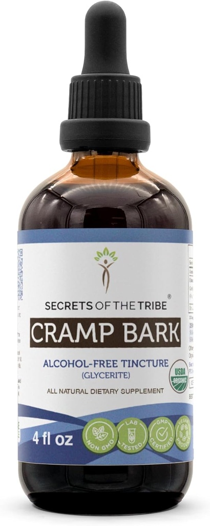 Secrets of the Tribe Cramp Bark USDA Organic | Alcohol-Free Extract, High-Potency Herbal Drops | Made from 100% Certified Organic Cramp Bark (Viburnum Opulus) Dried Bark 4 oz