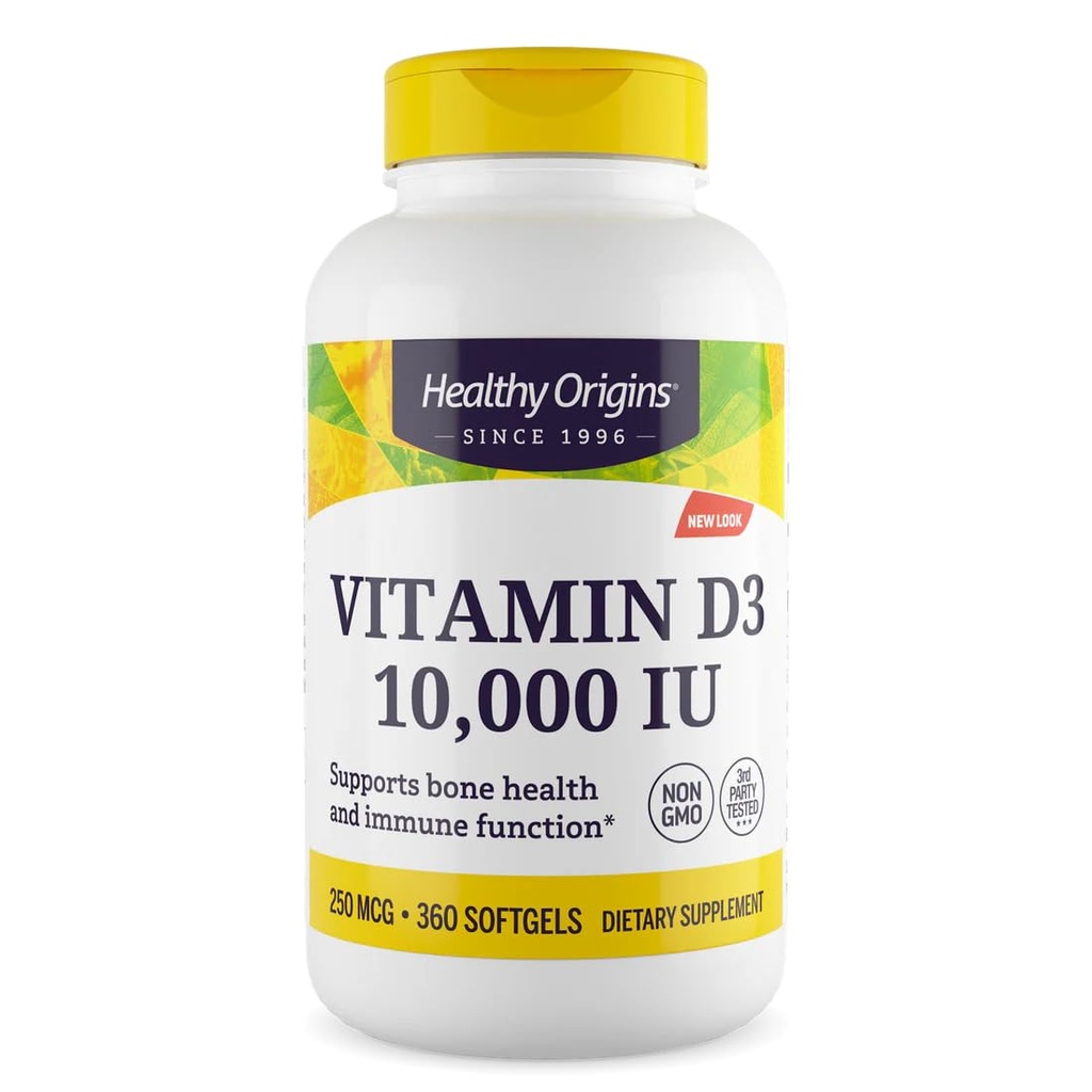 Zdravý pôvod Vitamín D3 10 000 IU (non- GMO, vysoká potencia, podpora kostí, imunitná podpora, bezlepok), 360 softgelov