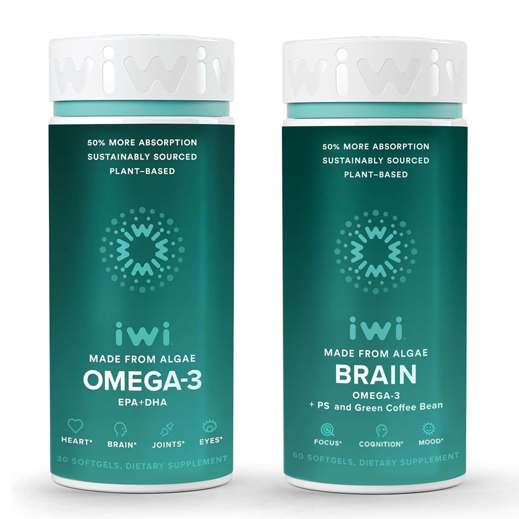 Iwi Omega-3 & Brain Omega-3 Bundle, 30 Servings, Vegan Plant-Based Algae Omega 3 s EPA + DHA, Krill & Fish Oil Alternative, žiadna rybia pachuť