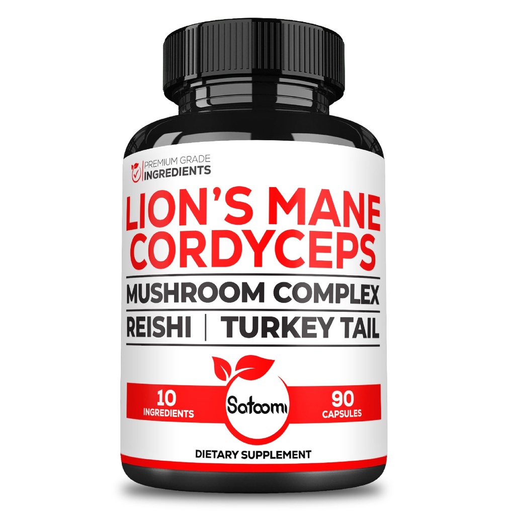 Satoomi 10in1 Cordyceps Mushroom Supplement - Miešané s Lions Mane, Turecko Chvost Mushroom, Reishi Mushroom a iní - 90 Kapsule od 90 Servisné dodávky