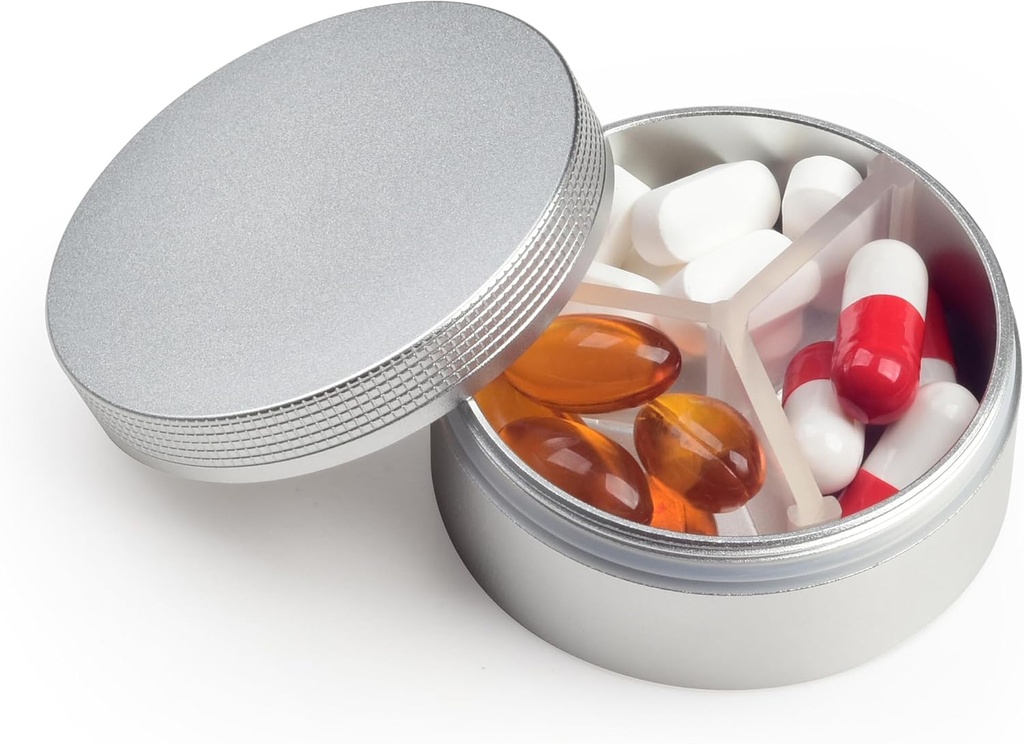 Malá tabletka Prípad 3 Compartments, Metal Round Prenosné pilulky Box, Nepremokavé cestovné pilulky Organizátor, vrecková Purse Medicine Vitamín Holder EDC kontajner (strieborná)