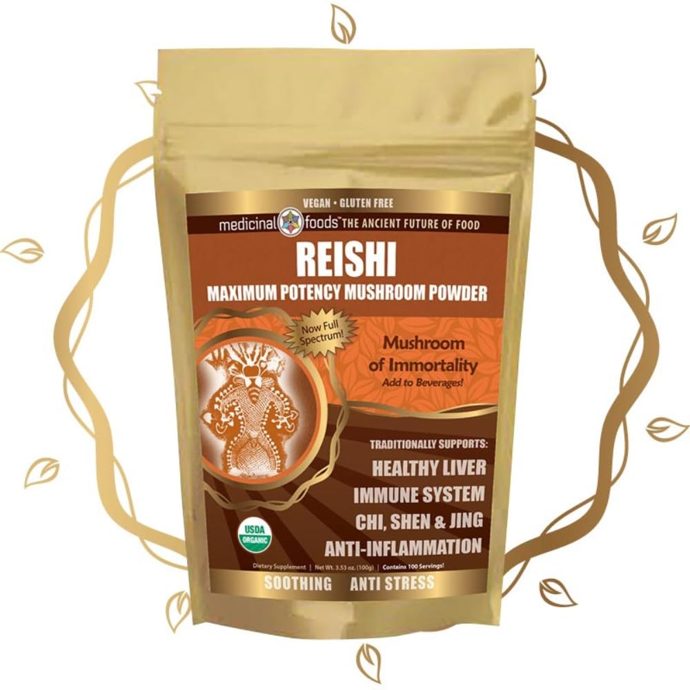 Medicinal Foods Reishi Mushroom Powder - Najvyššia potencie, Full-Spectrum, Upokojujúce, Anti-Stres, Pre smoothies & Tea, Organic, Vegan, Non-GMO, Gluten-Free (100 porcií)