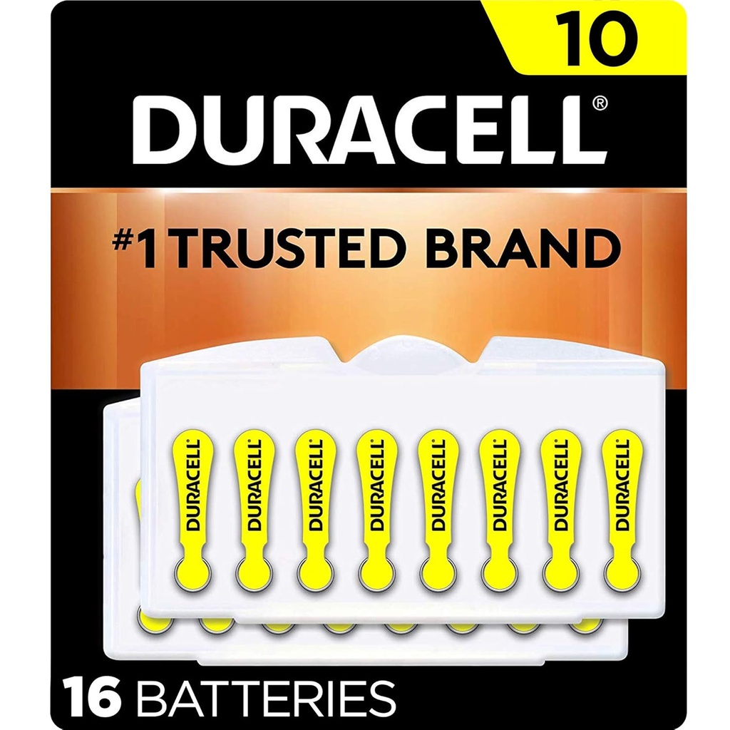 Duracell sluchová pomôcka batérie žltá veľkosť 10, 16 počet balenia, 10A veľkosť sluchová pomôcka Batérie s dlhým prúdom, extra-dlhý EasyTab Inštalácia pre sluchové pomôcky