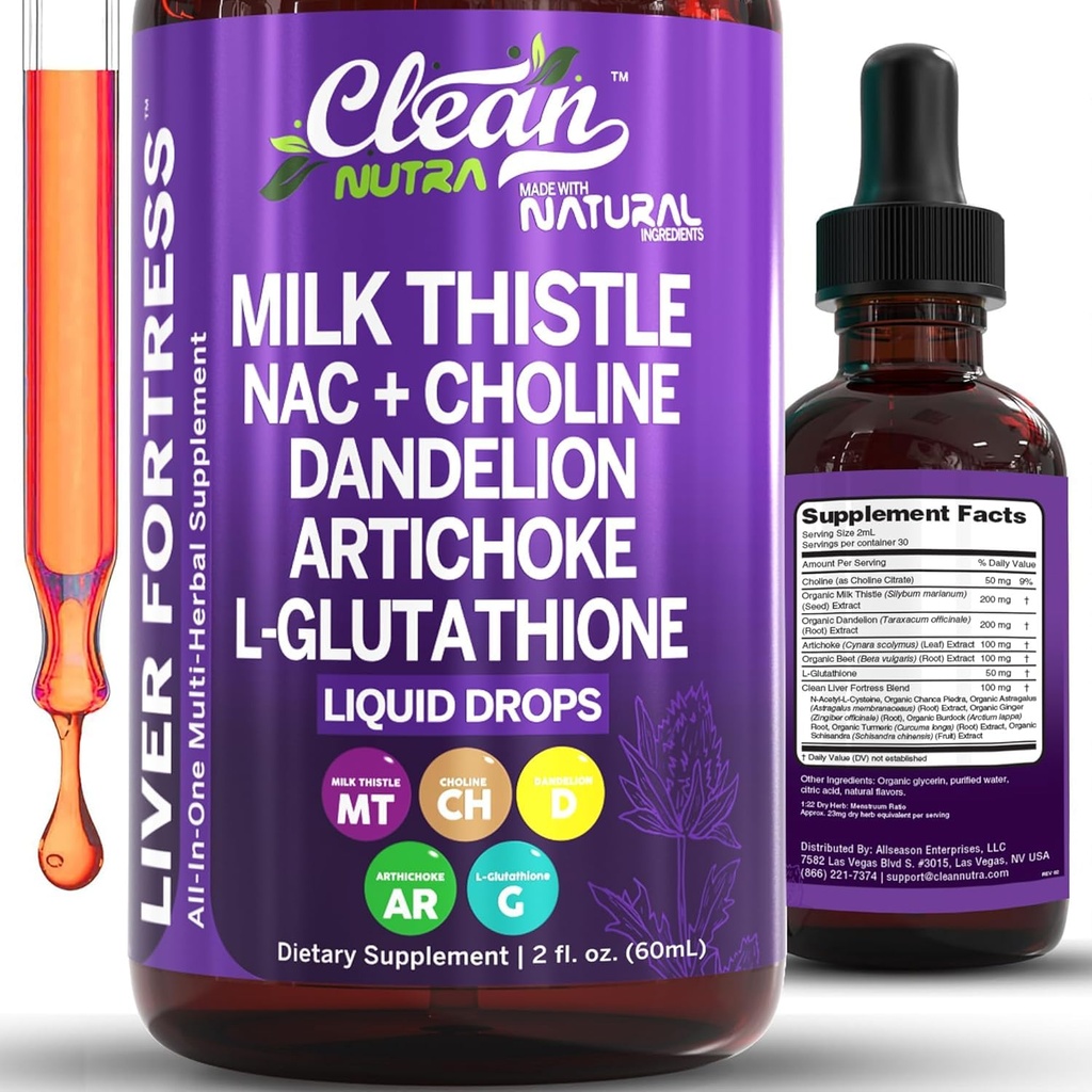 Clean Nutraceuticals Milk Thitle NAC Pečeň Cleanse Detox & Repair Supplement Liquid Drops with Dandelion Extract, Artičok, Chanca Piedra, Choline, L-Glutationone, Burdock, Schisandra