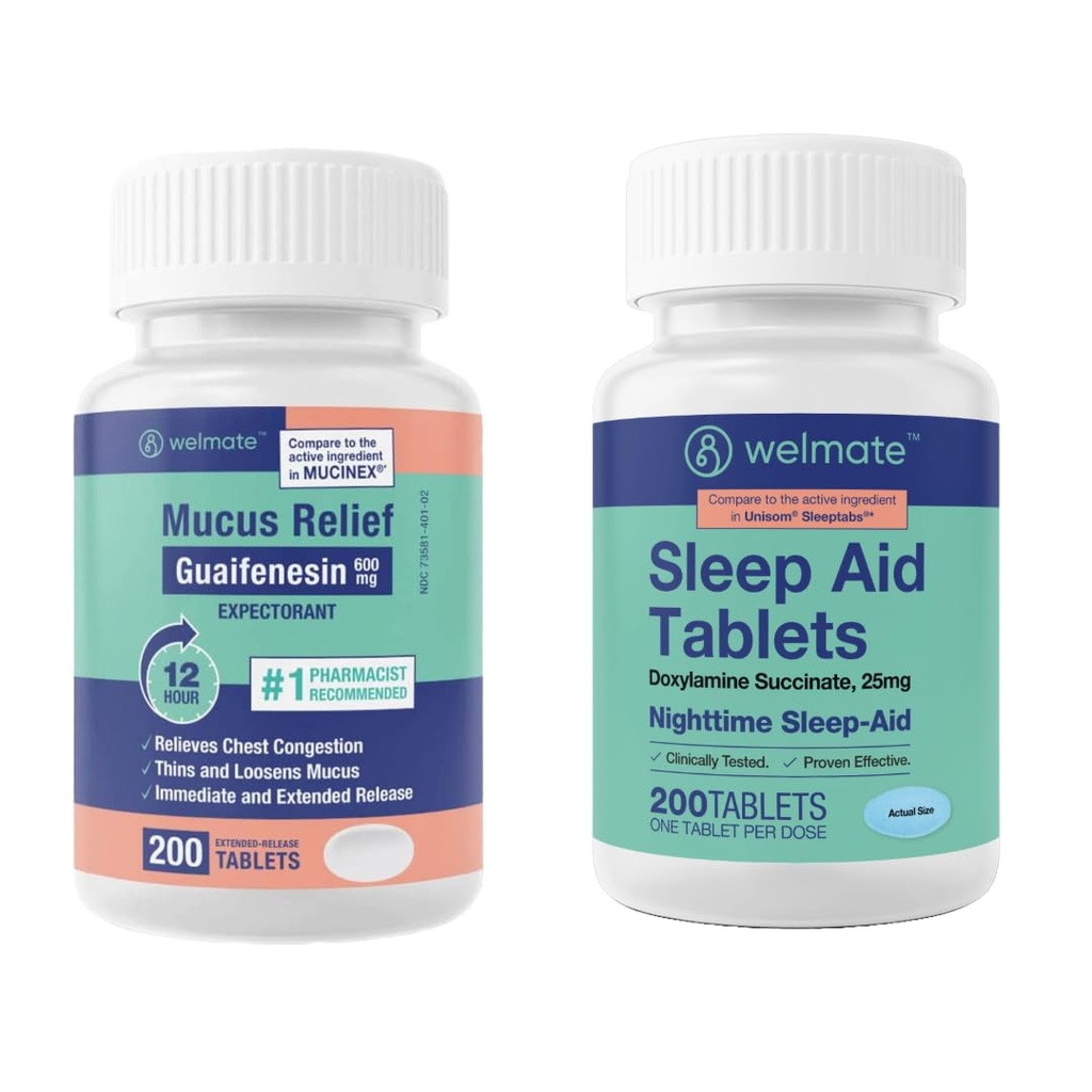 WELMATE Nighttime Wellness Bundle: Mucus Relief Guaifenesin 600mg Musus Relief (200 Ct) & Doxylamine Succinate 25mg Sleep Aid (200 Ct)