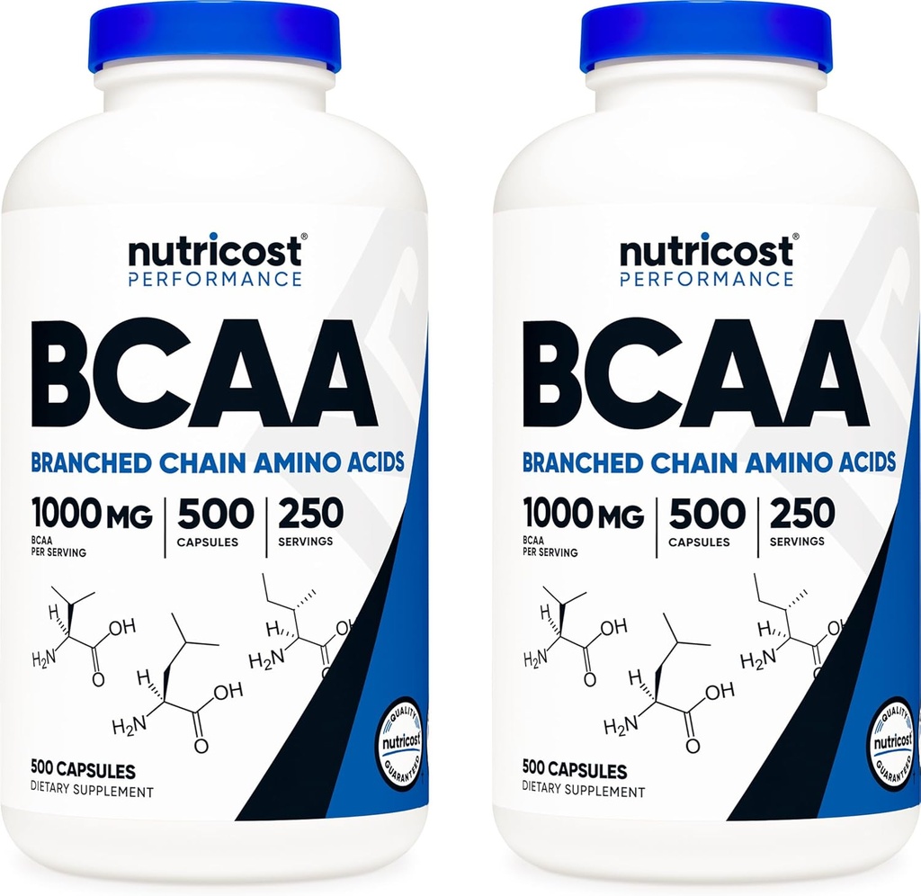 Nutricost BCAA 1000 mg, 500 kapsúl (250 Serv), 2:1:1 Aminokyseliny s rozvetveným reťazcom (500 mg L-leucínu, 250 mg L-soleucínu a L-Valínu) (2 fľaše)