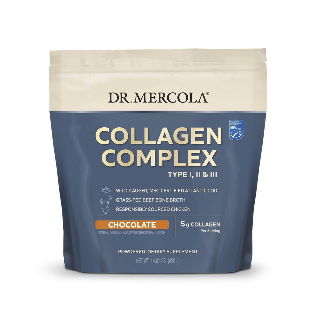 Dr. Mercola Collagen Complex Powder - podporuje pružnosť pokožky a spoločné funkcie - Multi-Zdroj kolagény Typy I II III - 10.89 oz (30 Servings) - Čokoláda