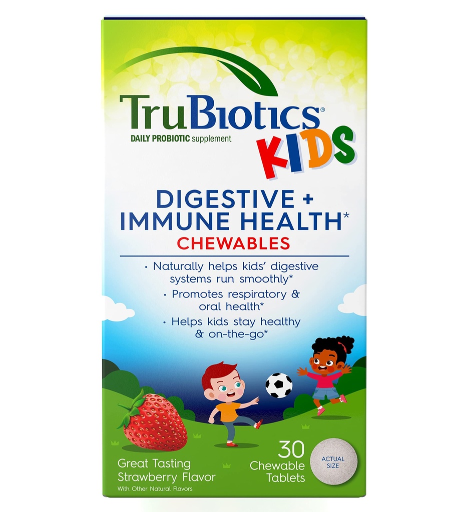 TruBiotiká Probiotiká pre deti Tráviace & Imunitné Zdravie Podpora, Chute bez cukru Deti Probiotiká pomôcť udržať zdravé bruško, Prírodné jahodovej chuti, 30 tabliet