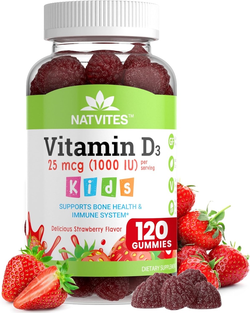 Vitamín D3 Gumičky pre deti - vitamín D 1000 IU pektínová Gumička - ochutená jahodou - zdravie kostí a imunitná podpora doplnok - non-GMO, bez lepku, Vegan, Nut & Dairy Free - 120 grófov (Pack of 1)