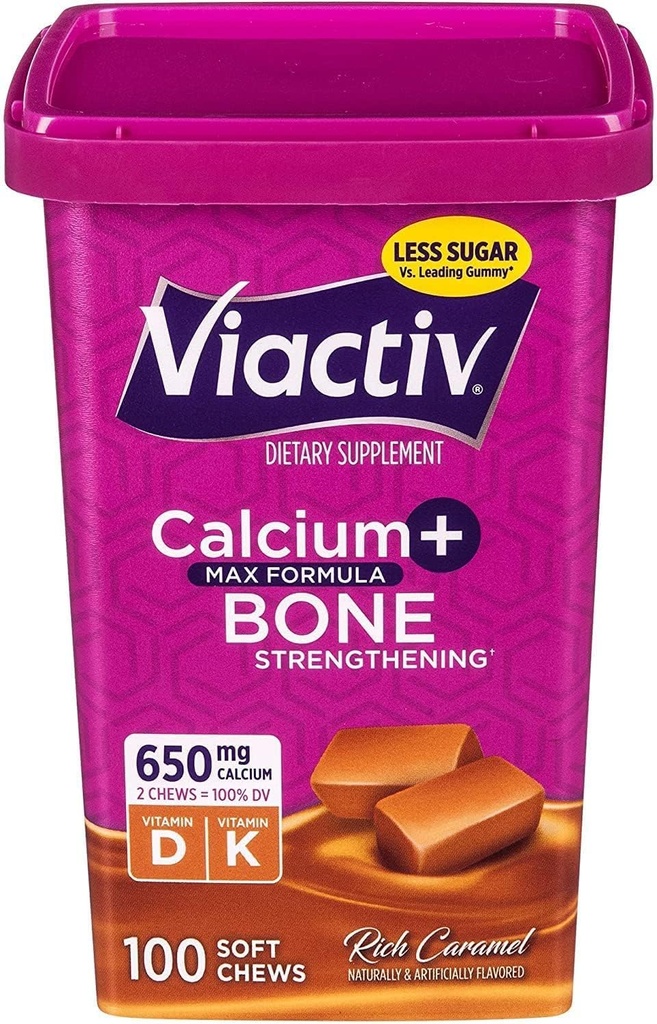 Viactiv Max Formula vápnik +vitamín D3 doplnok pre zdravie kostí, bohaté karamel, 100 mäkké žuvačky