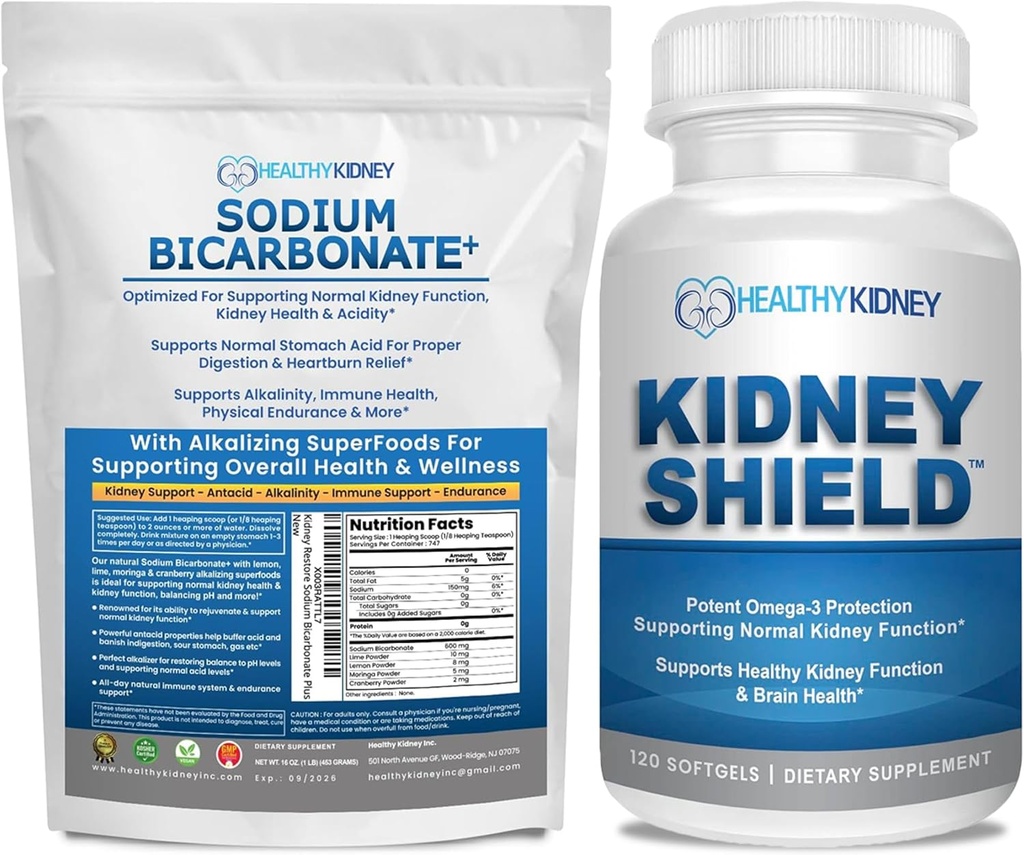 Organické bikarbonátové Alkalické doplnky Bundle: 1LB prášok pre alkalickosť, Acid Neutralizátor a podpora obličiek + 120 Caps Obličkový štít pre zdravie obličiek, očistiť & Omega 3