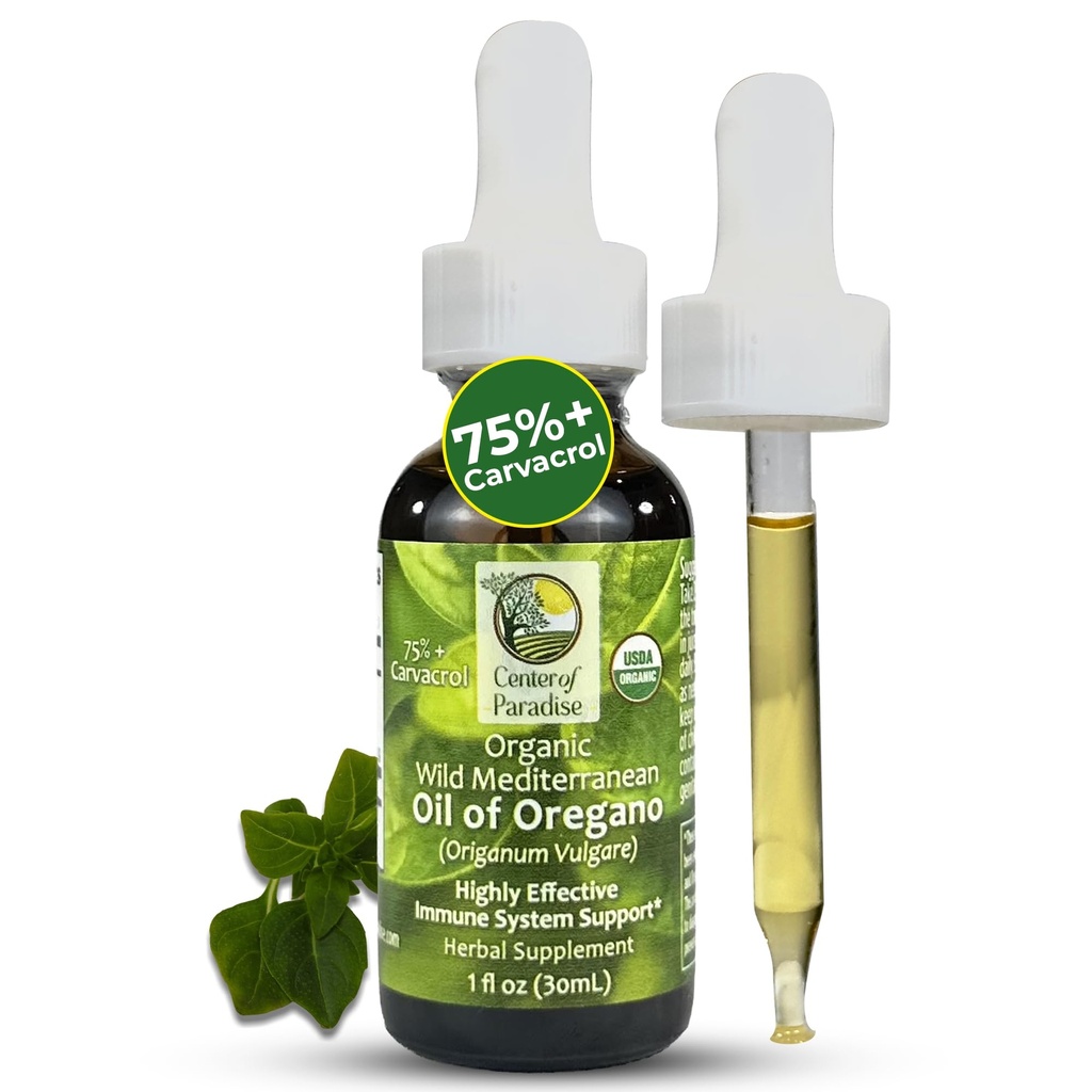 Center of Paradise Wild Mediterranean Oil of Oregano with 75%+ Carvatrol (1 fl oz) Certified Oregano Oil Organic Drops in Extra Virgin Olive Oil for Immune* & Respiration* Support, Approx 450 Servings