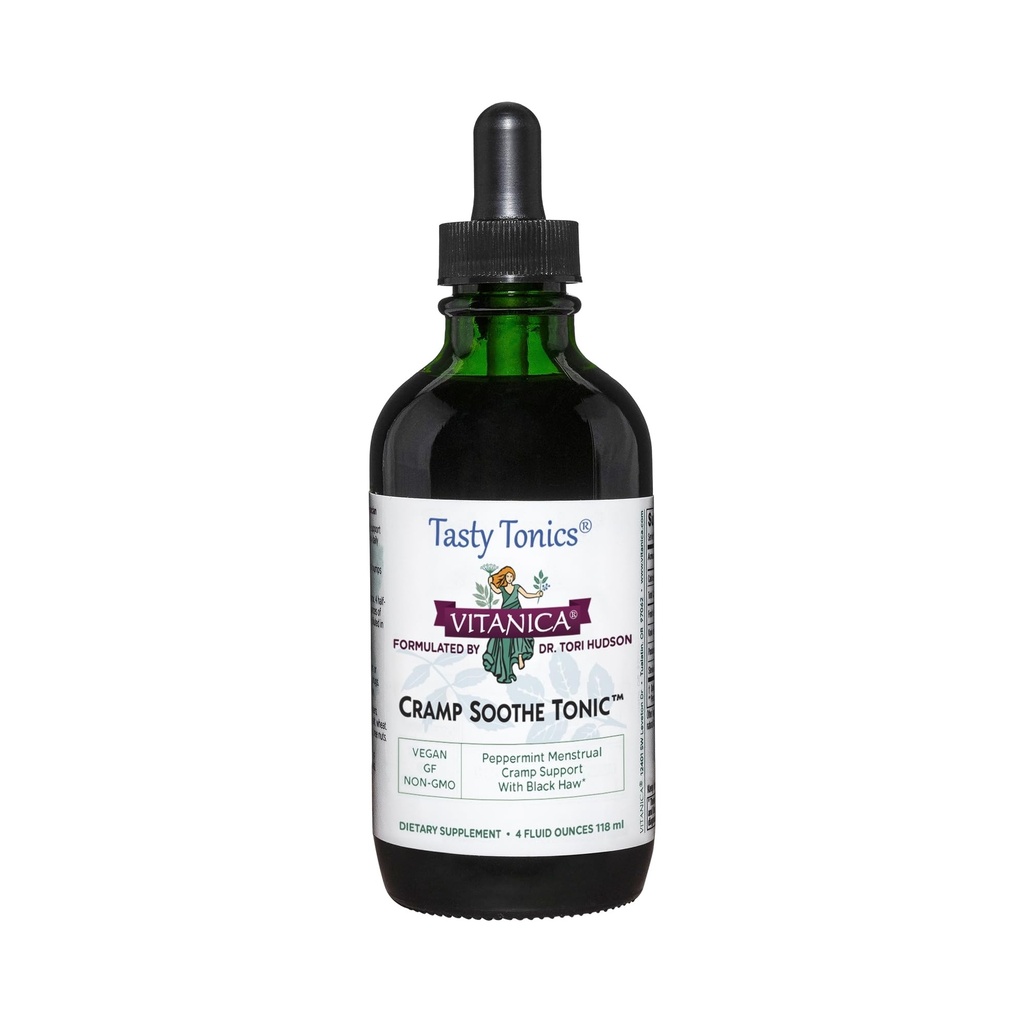 Vitanica Cramp Soothe Tonic, Dr Formulated Menstrual Cramp Support, s Black Haw Bark, Valerian Root, Ginger Root, a Garrya Herb, bez alkoholu, Vegan, 4 Ounce