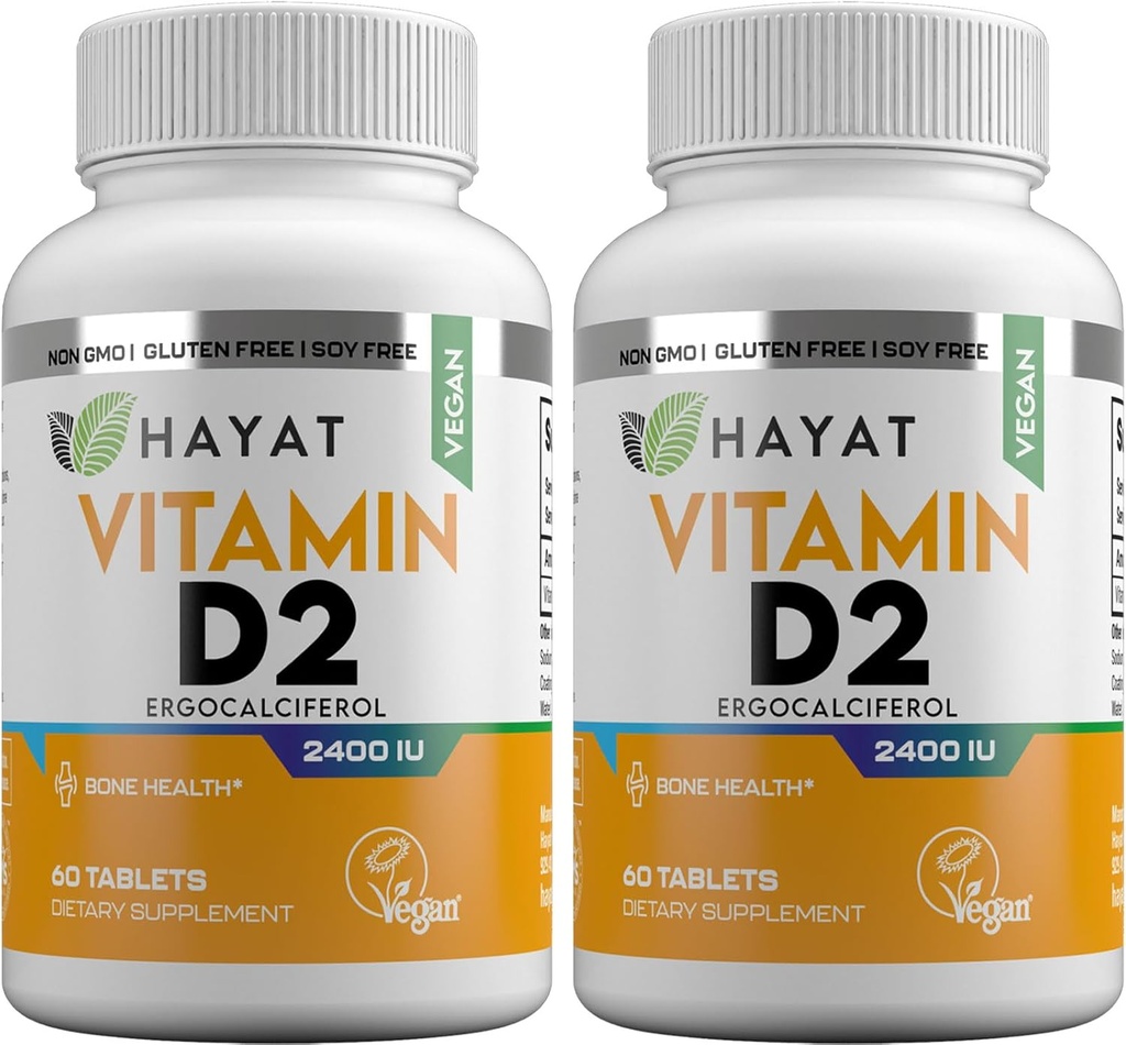 HAYAT vitamíny Vegan prírodný vitamín D 2400 IU, D2, Certified Halal (Pack of 2)