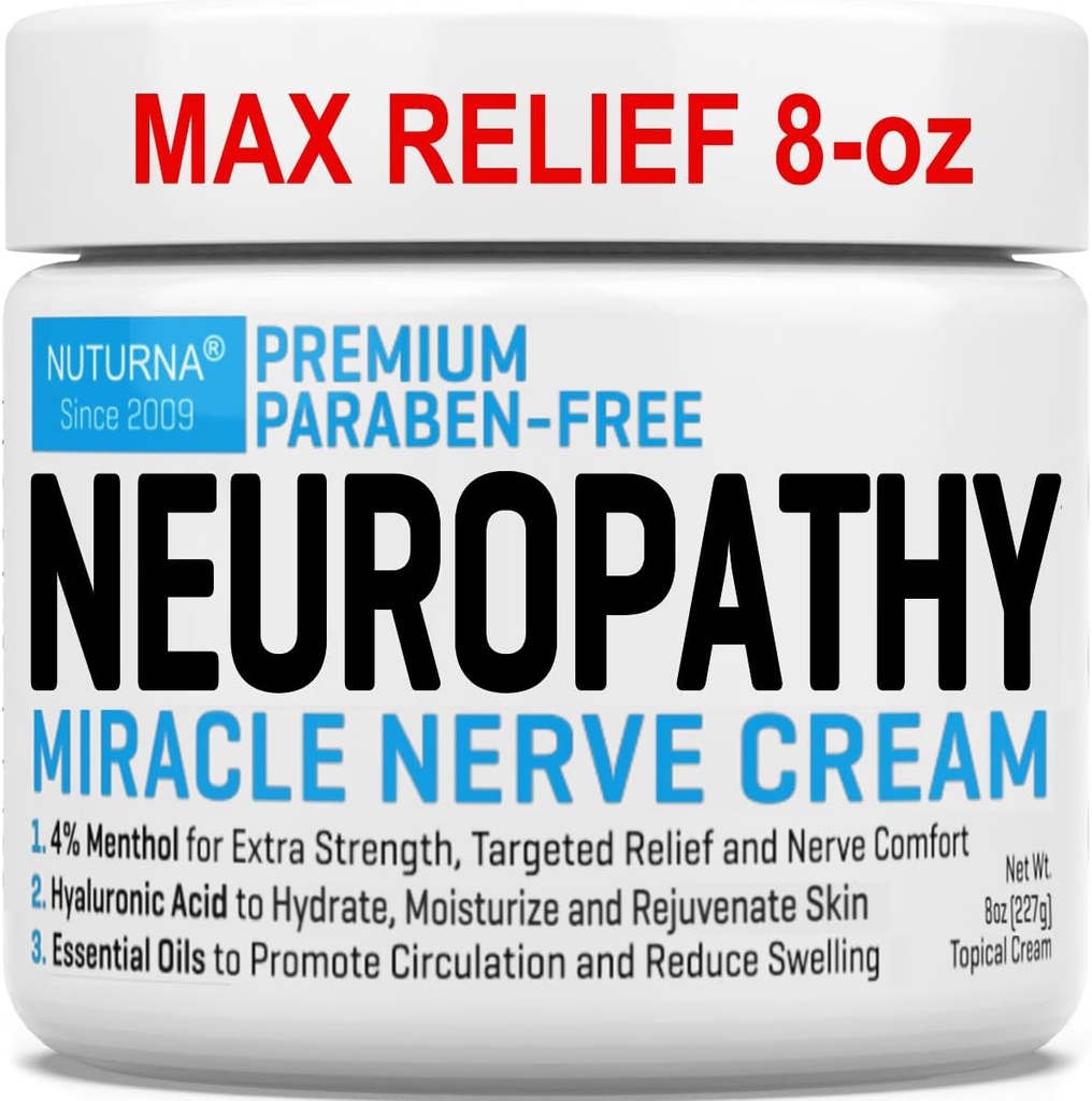 Neuropatia Nerve Relief Cream - Premium Nerve Cream 3X Akcia pre cielenú úľavu a upokojujúce Nerve Comfort - Maximálna sila s 4% Mentol, MSM pre nohy nohy nohy nohy a späť - Super veľký 8 Oz