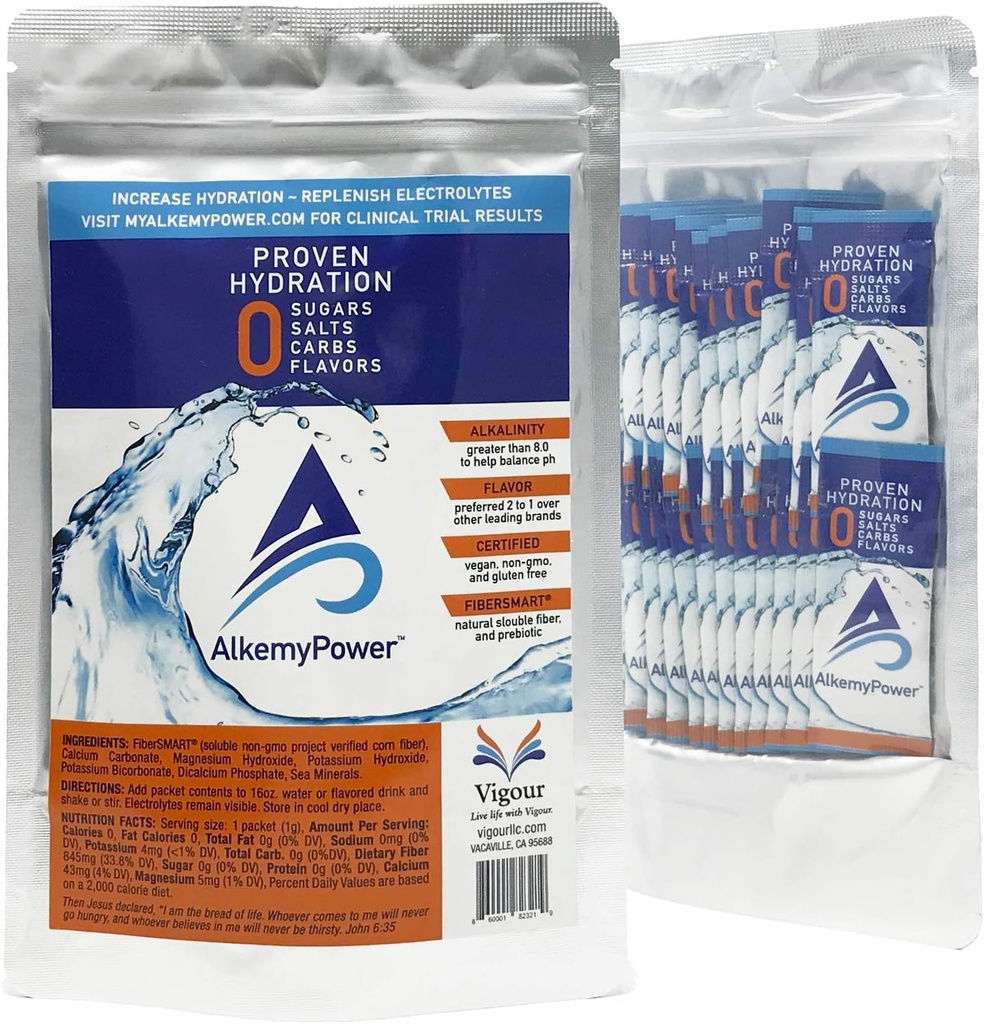 AlkemyPowerTM Hydration Electrolyte Powder, No Sugars, Salts, Carbs, Ochutené alebo kalórie, 100% Natural, Pohodlné Stick Pack, 30 Počet