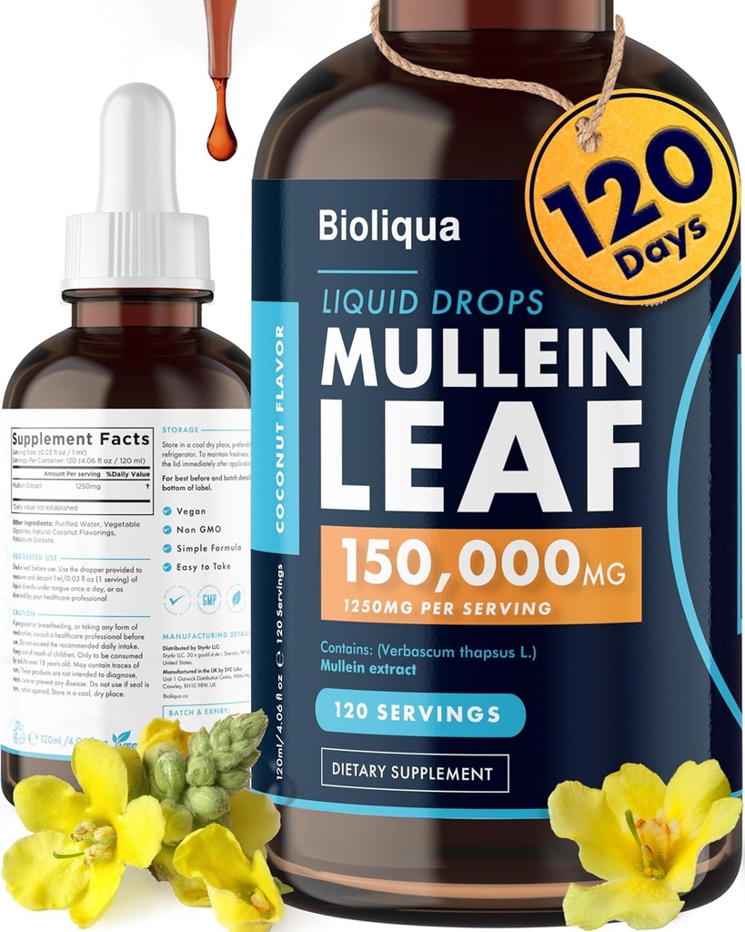 Bioliqua Mullein kvapky pre pľúca - vysoká sila 150 000 mg na 4fl oz Tinktúra - 120 Slúži pri 1 250 mg na dávku - Lung Detox a Bronchial Čistenie - Kokosová príchuť