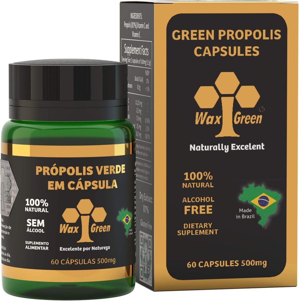 4 Packs of Wax Green Bee Propolis 500mg (60 Capsules)